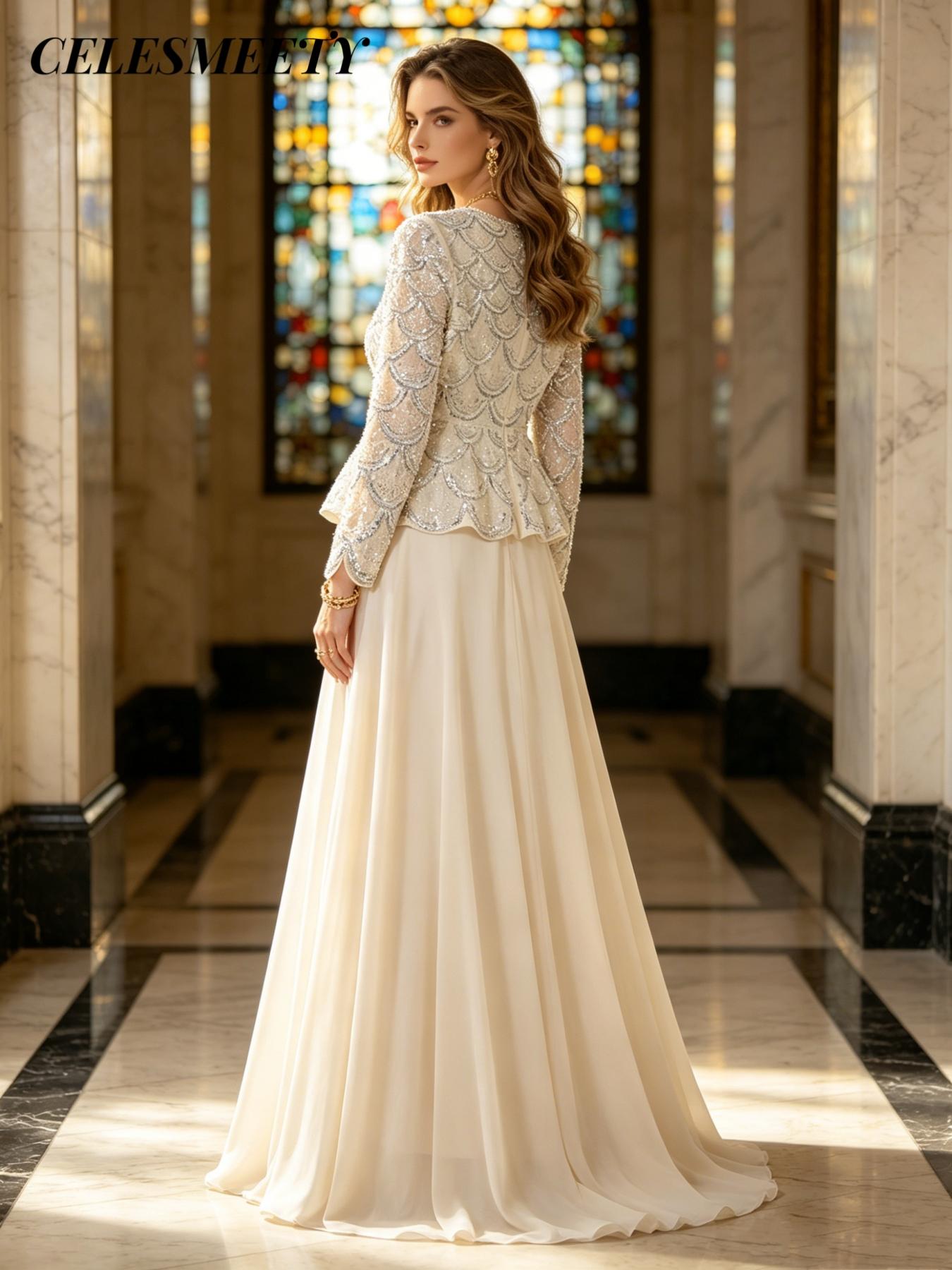Celesmeety Women's Elegant Formal Wear Embroidered Sequin Gown Chic High Neck Sequin Long Dress, Chiffon Sheer Long Sleeve, Perfect for Wedding Guests, Graduation Dance, Dinner Party, Wedding Guest Dresses
