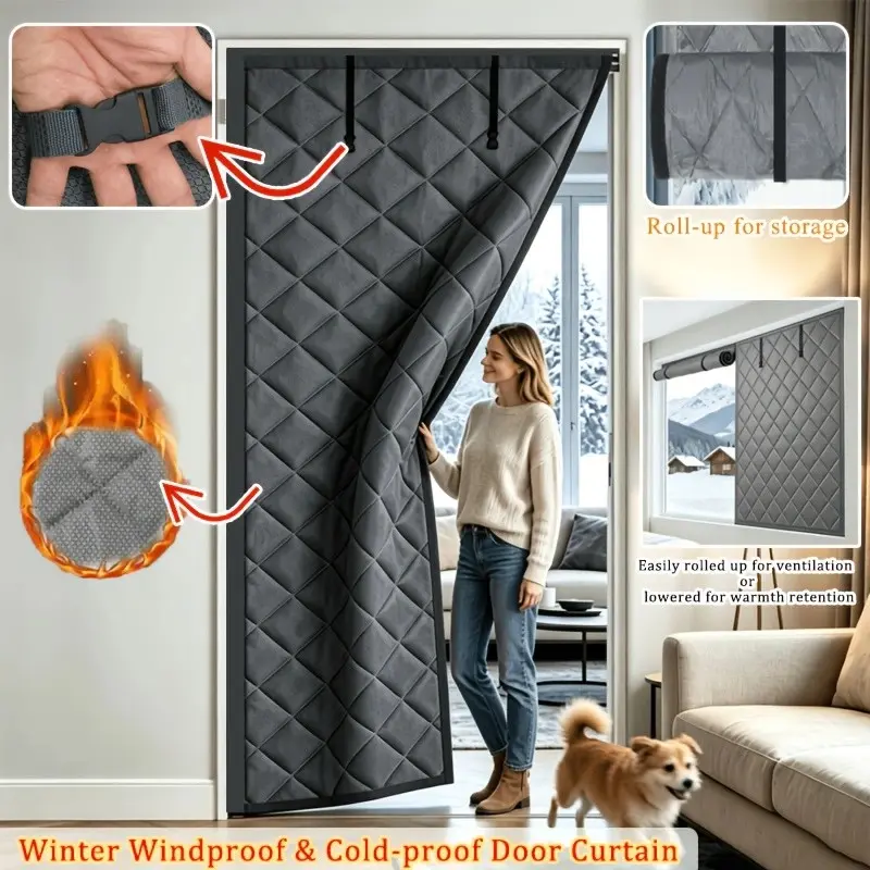 Winter Magnetic Insulated Door Curtain, Diamond Quilted Thick Cotton, Wind Blocking, Windproof, Sound & Light Reduction, Roll-Up Storage, Thermal Drape