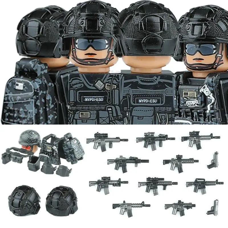 Military Commando Special Forces US SWAT Building Block Modern City Police Combat Helmet Assault Figure Weapons Backpack Toys