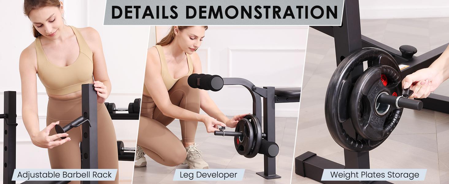 OPPSDECOR 600-900bls Adjustable Bench Press Weight Training Bench Set with Squat Rack and Leg Extension, Total Body Workout Folding Exercise Bench for Home Gym