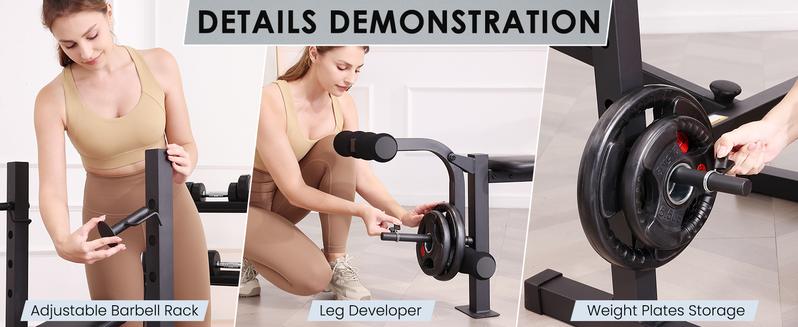【TikTokShopBlackFriday】OPPSDECOR 600-900bls Adjustable Bench Press Weight Training Bench Set with Squat Rack and Leg Extension, Total Body Workout Folding Exercise Bench for Home Gym