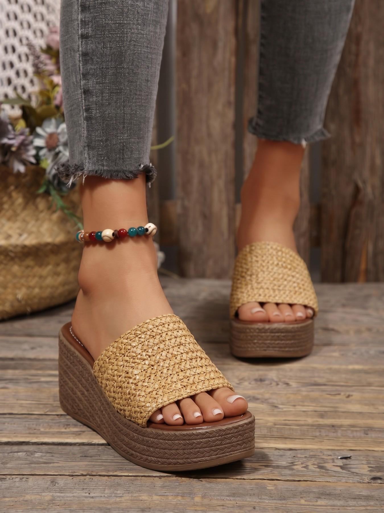 Women's Straw One-Strap Wedge Sandals, Summer Outdoor Retro Braided Thick Sole Platform Slippers, Beach Slip-Ons, Anti-Slip, Height-Increasing, Braided Design Sandals
