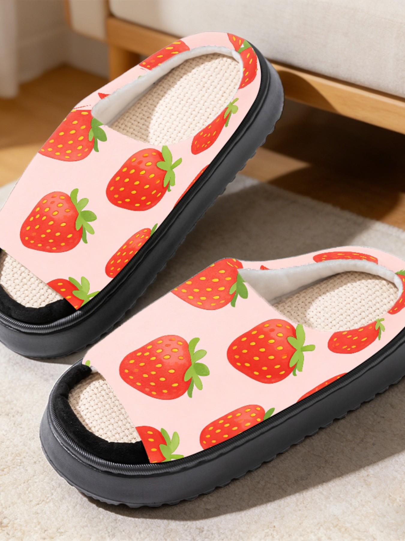 Sweet Strawberry Print Linen Open-Toe Sandals, Casual Textile Eva Sole, Less Than Ankle Height, All Seasons Cartoon Pattern