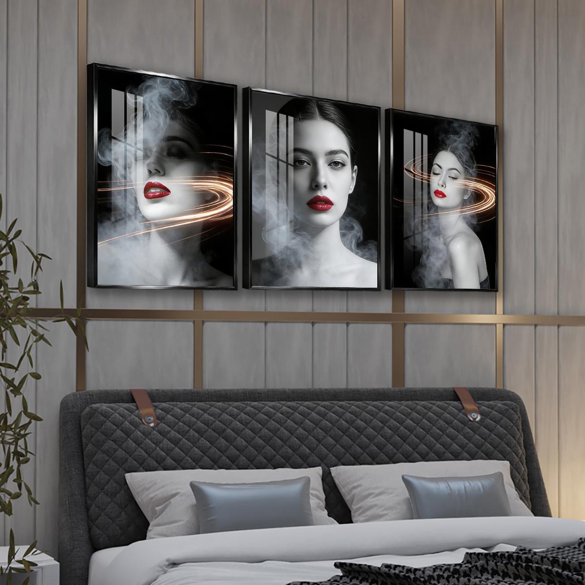 3 Counts Aluminum Alloy Framed Painting, Abstract Smoke And Light Portrait Pictures, Home Decoration For Living Room, Bedroom, Office, Restaurant, Hallway Wall Decor, Odorless Print Artwork, Luxury Perfect Gift For Friends And Family
