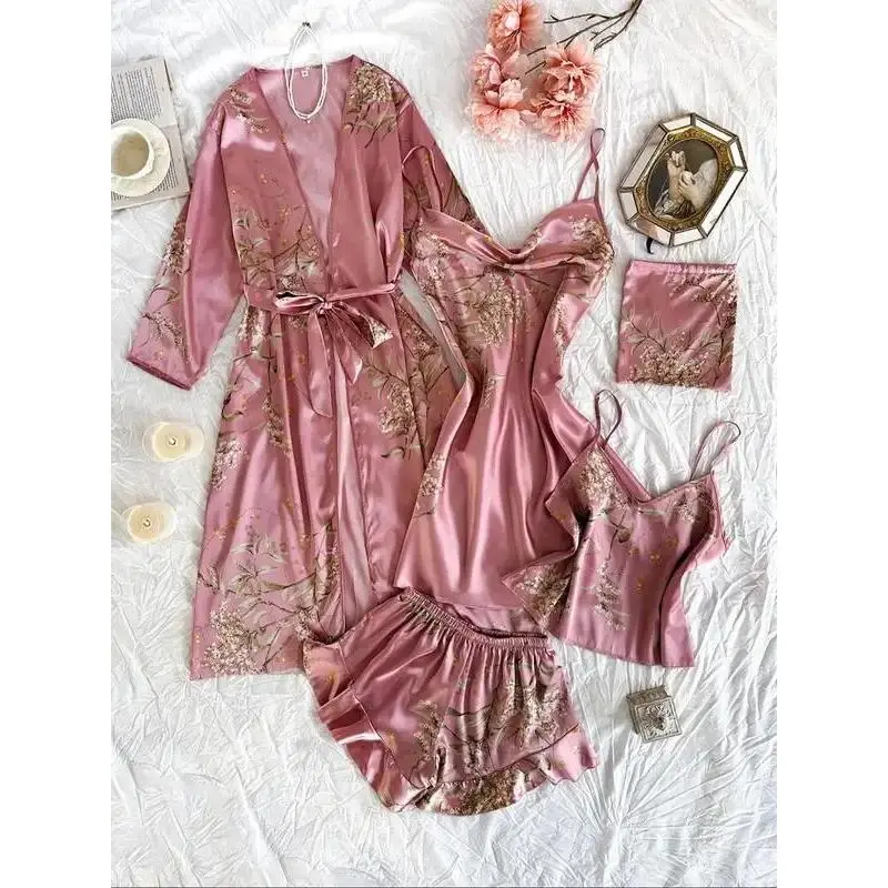Women's Plants Print Satin Pyjama Set Long Sleeve Belted Robe Cowl Neck Cami Dress Backless Cami Top Elastic Waist Shorts Storage Bag Glam Lounge Wear Loungewear Pjs