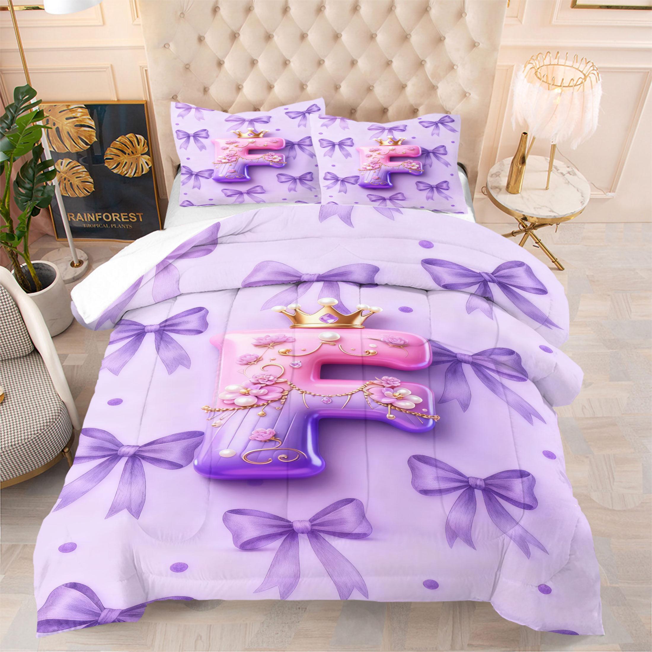 Bow Pattern Comforter Set, 3D Crown Letter Print Comfy Bedding Set, Fashion Princess Style Design, Soft and Comfortable Microfiber Material, Perfect for Girls Teenage Room Decor Home Decorating Kit, No Filler Included