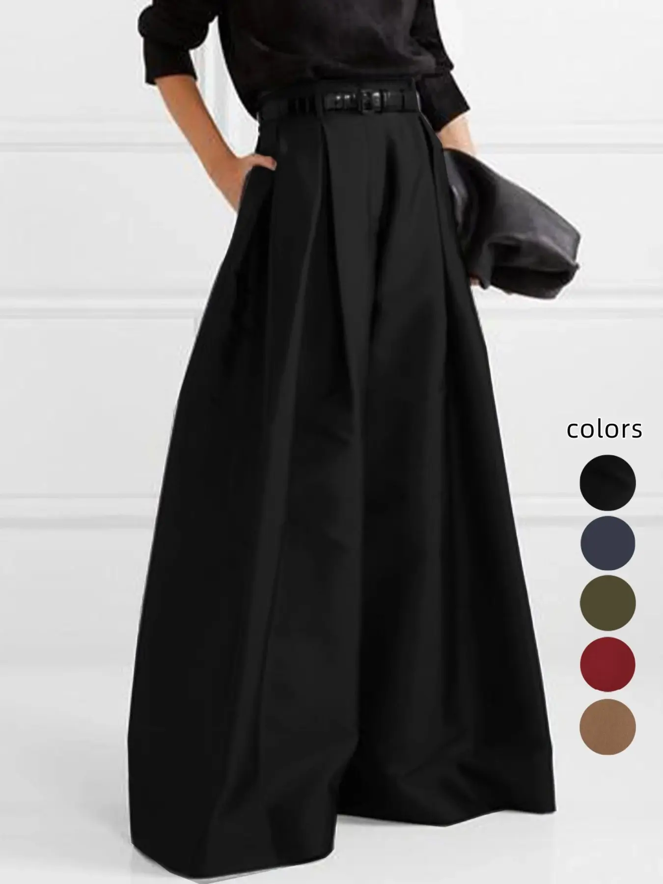 Women's Solid Plicated High Waist Wide Leg Pants, Casual Comfy Pocket Trousers for Daily Wear, Ladies Bottoms for All Seasons