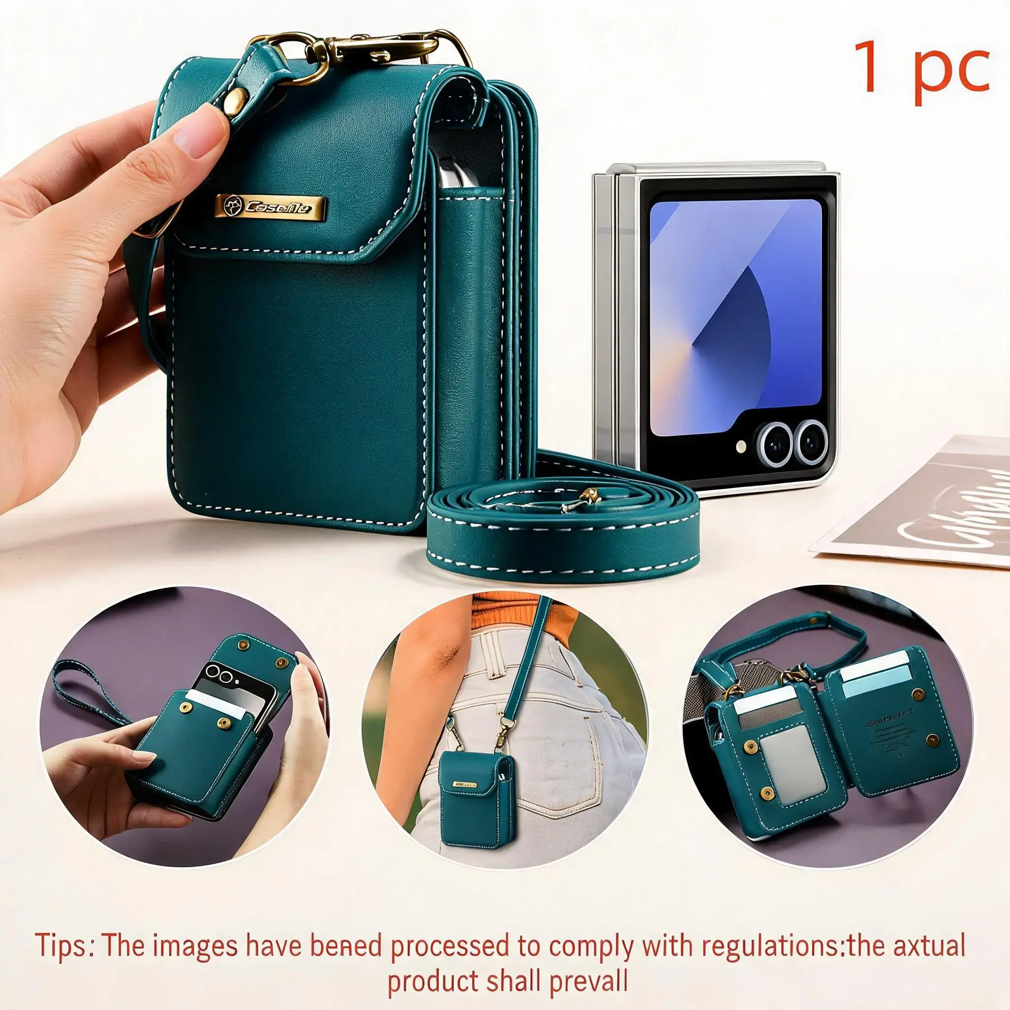 Foldable Cellphone Case Cover for Samsung Zflip & Motorola, Stylish Cellphone Accessory, 5 Card Slots + RFID Blocking, Adjustable Shoulder Strap, Short Lanyard Included