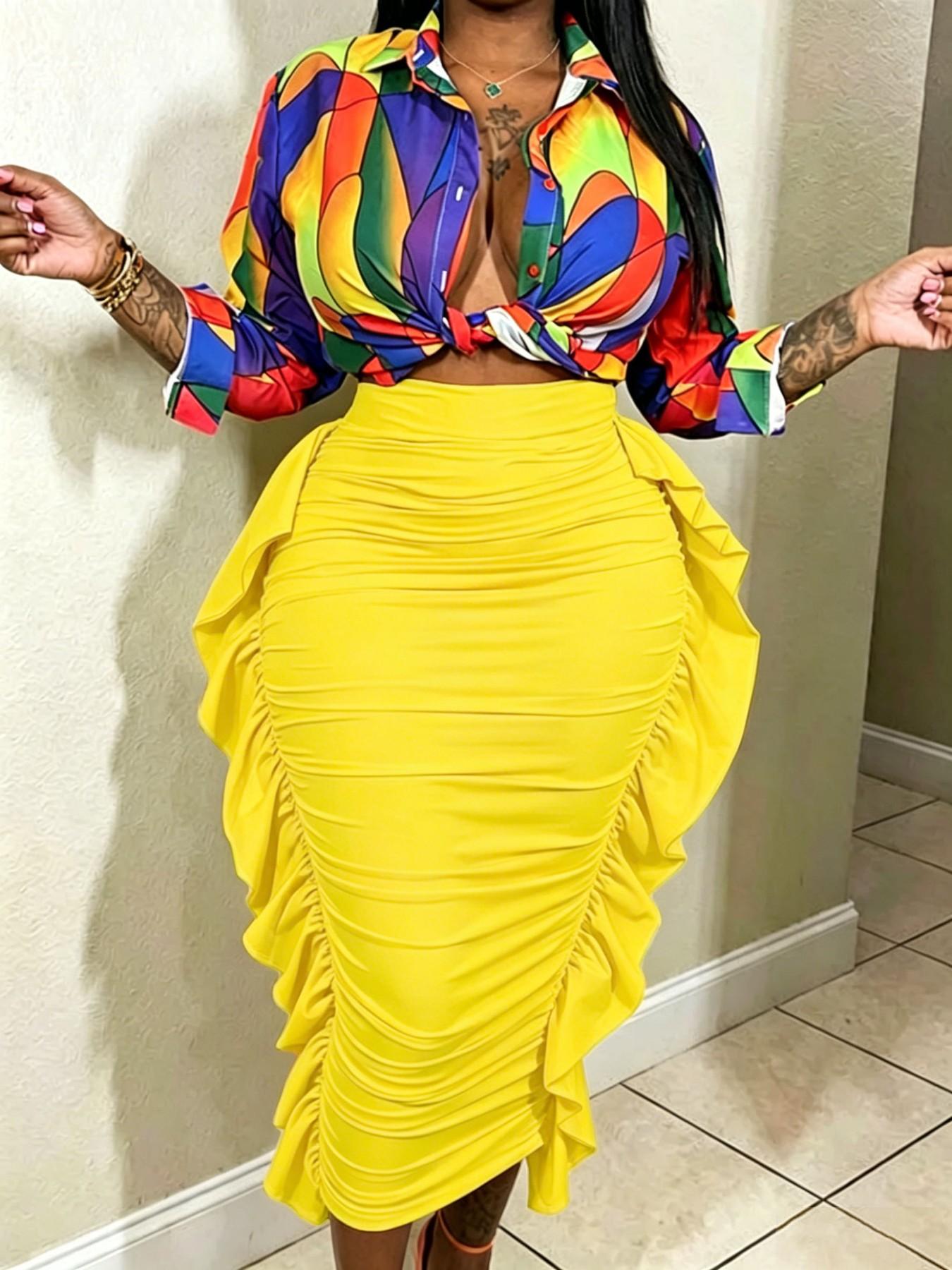 Spring Autumn Women's Solid High Waist Ruffle Bodycon Fit Midi Skirt, Casual Daily Wear, Vacation Style, Chic, Elegant and Comfortable