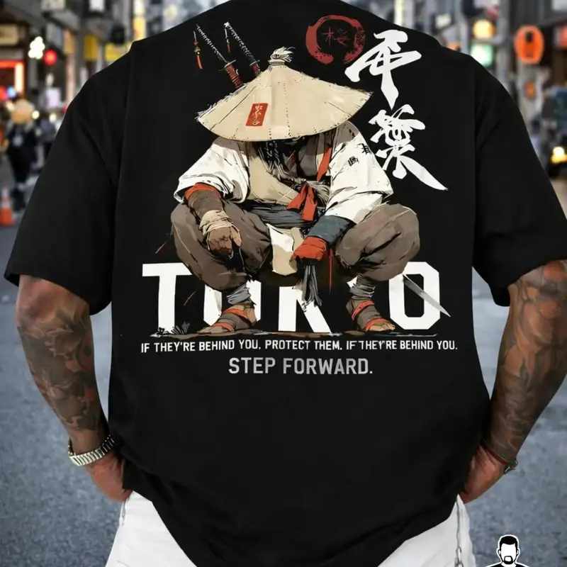 Men's Plus Size 100% Cotton Tokyo Samurai Ronin Graphic Oversized T-Shirt, Japanese Streetwear Short Sleeve Crew Neck Tee For Summer Daily Wear