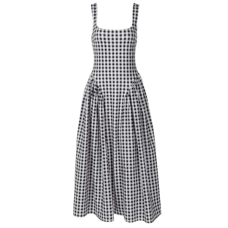 Plaid A-Line Midi Dress for Women's Summer Outfit Adjustable Strap Bodycon Top Flared Hem Casual Elegant Beach Holiday Party Club Dating Dresses