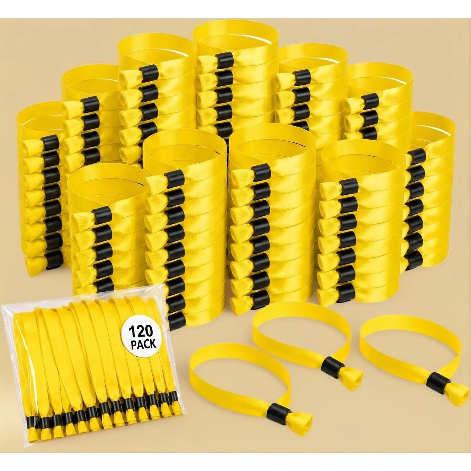 Yellow Fabric Event Wristbands (120-Pack) - 1-Time Lock Adjustable Security Bracelets for Festival, Party VIP Access Gifts