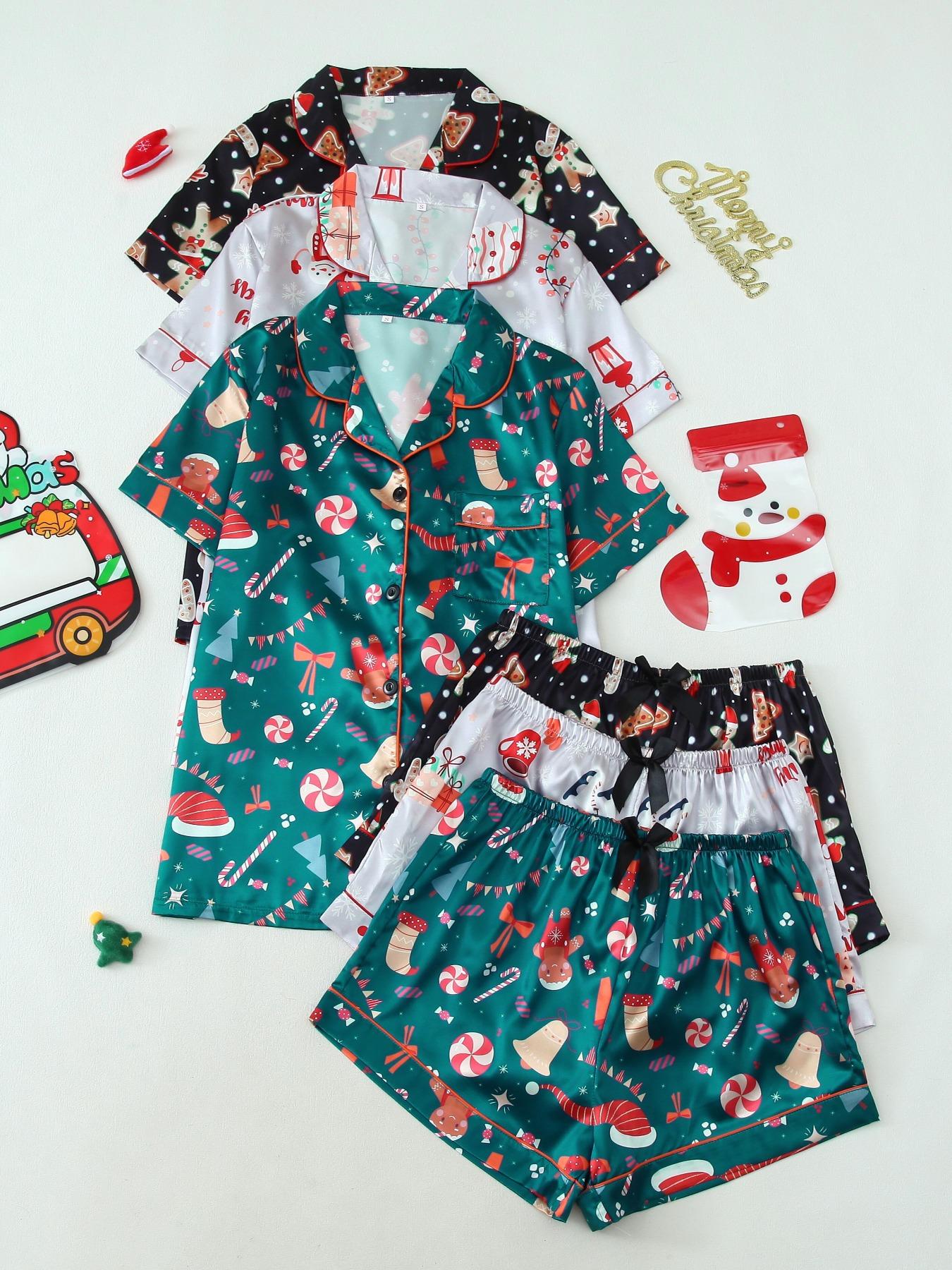 Six-Piece Set Women's Christmas Theme Contrast Binding Short Sleeve Satin Loungewear Set for Christmas Gifts, Summer Outfits 2024, Basic Button Front Shirt & Bow Decor PJ Shorts, Lounge Co-ord Set, Womenswear