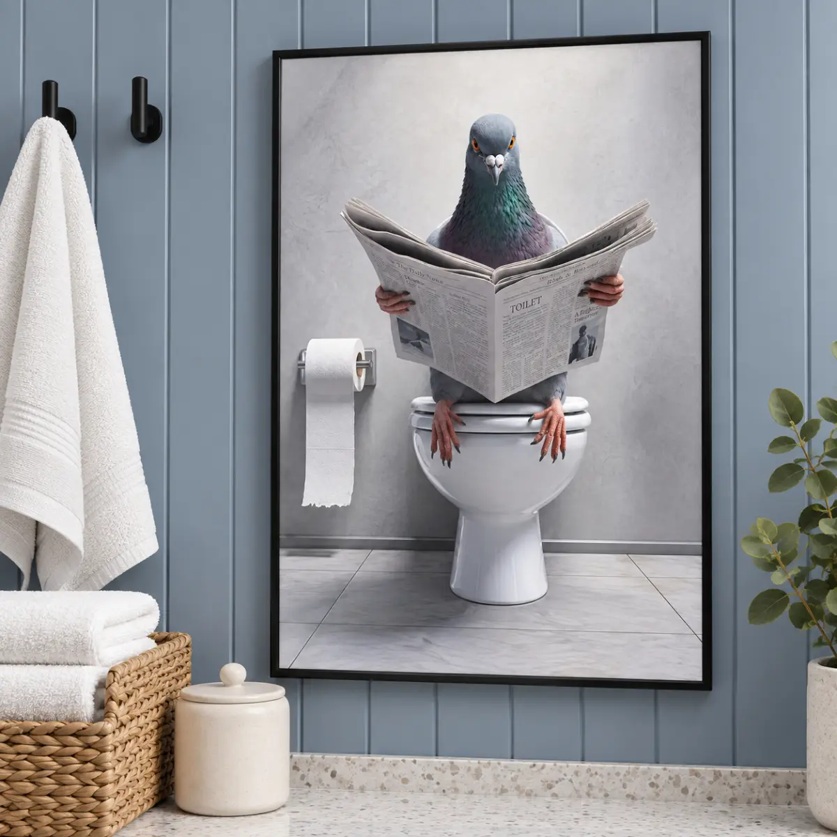 Funny Pigeon Reading Newspaper on Toilet Canvas Wall Art, Bathroom Humor Meme Poster, Aesthetic Restroom Decor, Cute Bird Artwork, Viral Internet Culture, Unique Gift, Living Room & Bedroom Decor