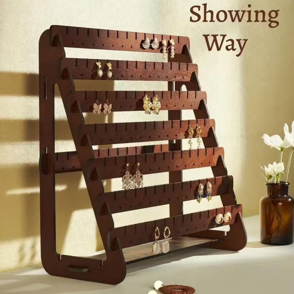 7 Layer Walnut Color Earring Storage Rack, Simple High-End Desktop Organizer, Ear Stud Display Stand, Women's Home Jewelry Holder