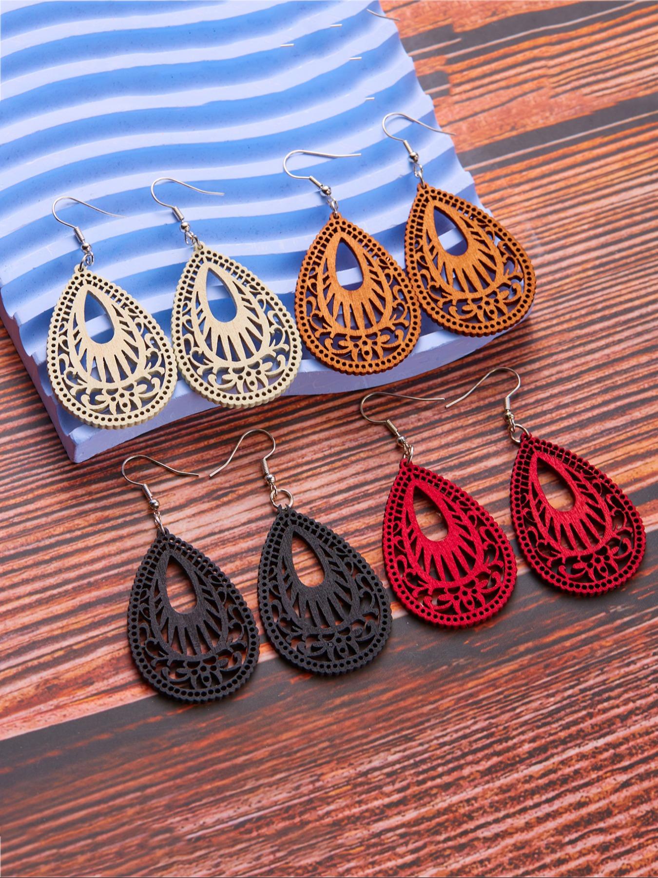4 Pair Boho Hollow out Design Wooden Dangle Earrings, Vintage Style Water Drop Ear Jewelry for Women, Casual Jewelry for Party, Daily Clothing Decor