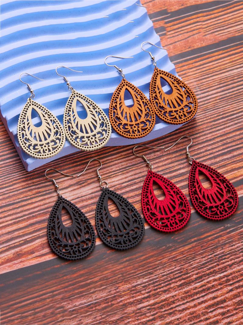 4 Pair Boho Hollow out Design Wooden Dangle Earrings, Vintage Style Water Drop Ear Jewelry for Women, Casual Jewelry for Party, Daily Clothing Decor