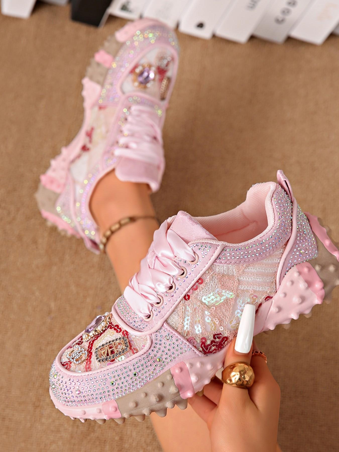 Women's New Rhinestone Dad Shoes, Mesh Breathable Water Drill Thick Sole Height Increase Casual Sports Shoes