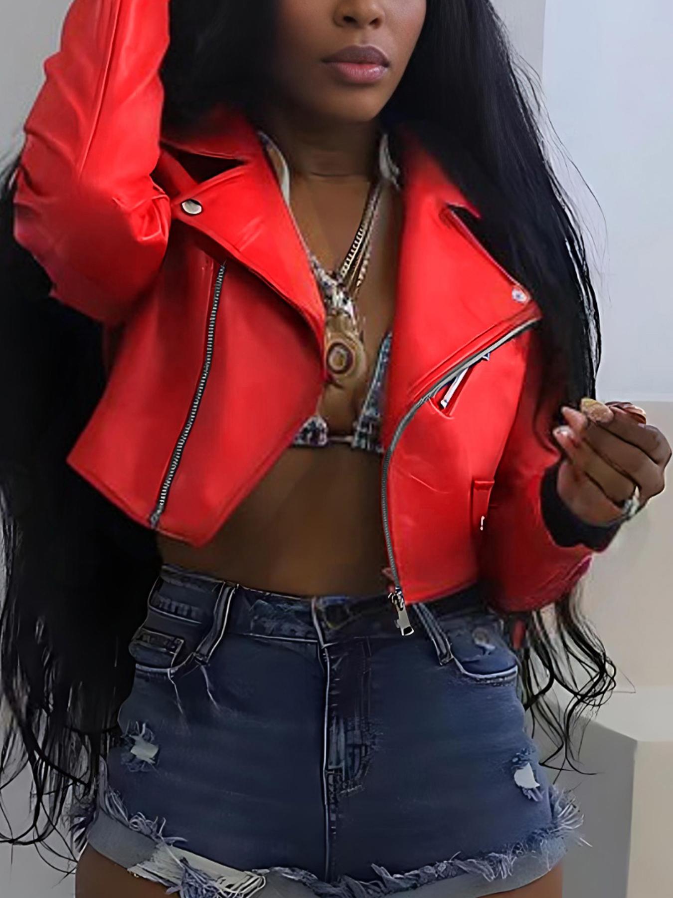 Women's Biker Style Chic PU Leather Jacket, Short Design, Waistline Enhancer, All Seasons Wear, Fitted Fit, Plain Pattern