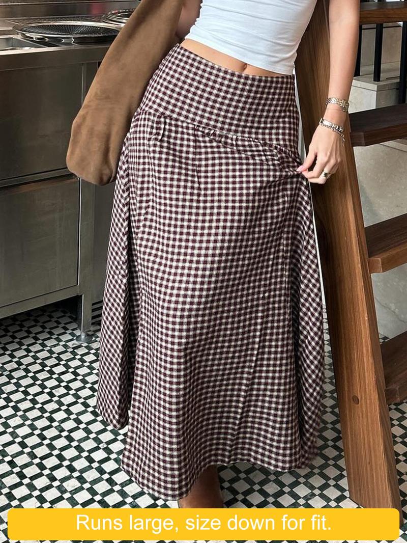 Vintage Academical Style Classic Gingham Loose High Waist A-Line Skirt for Women, Casual Midi Skirt, All Seasons, Loose-Fitting