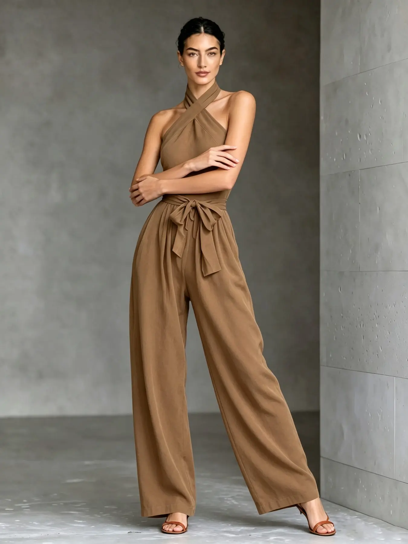 D5670 Minimal Elegant Quiet Luxury Jumpsuit, Wrap Front Halter Neck, Adjustable Belted Waist, Hidden Pockets & Relax Wide Leg Daily Wear