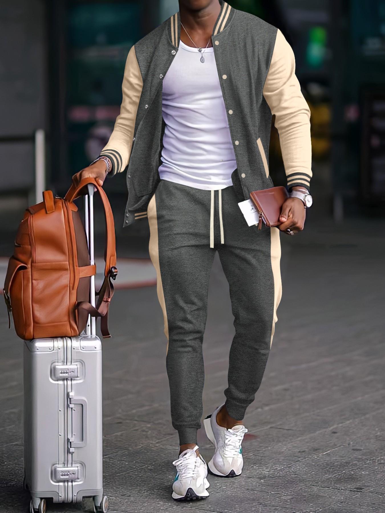 Men's Two-Piece Set, Spring & Fall Sports Suit, Colorblock Baseball Jacket + Drawstring Sweatpants, Loose-Fit Casual Wear, Multiple Colors Available