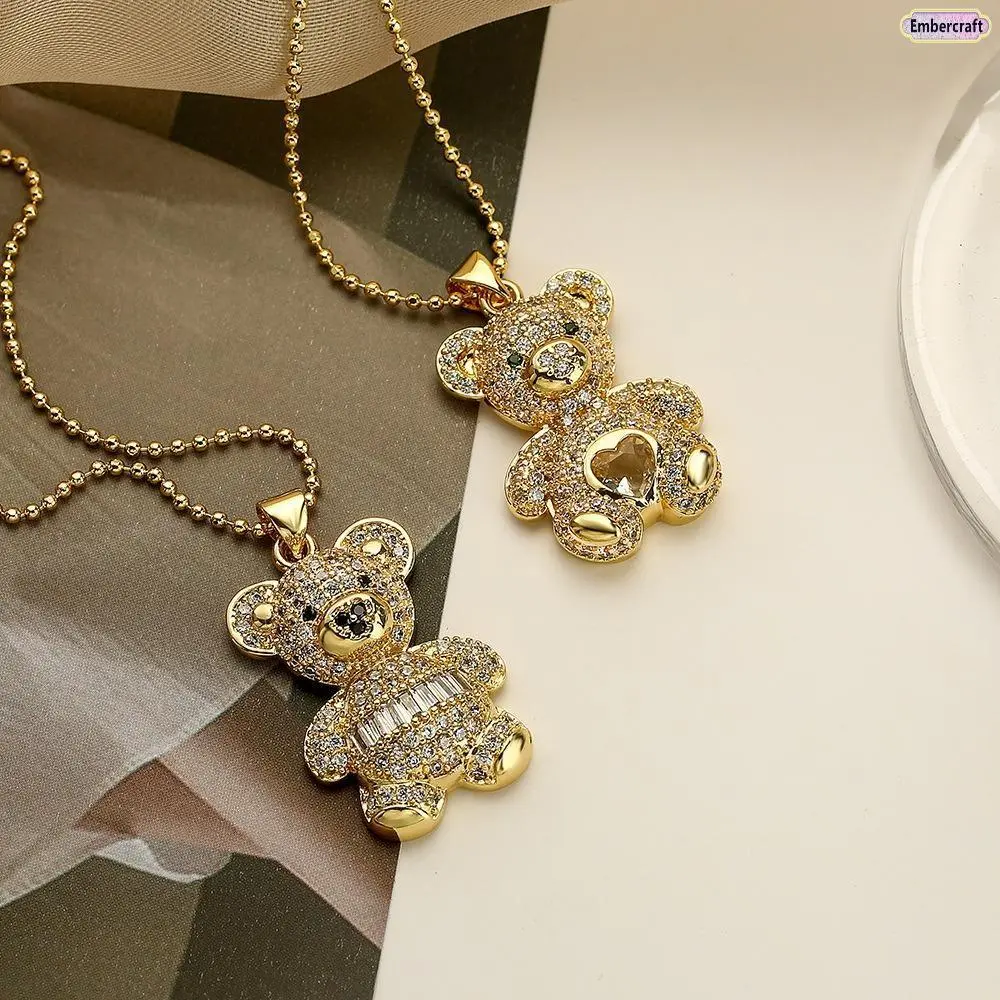 Women's 18K Gold Copper-Plated Bear Pendant Necklace - Cute Zircon Charm, Versatile Collarbone Chain, Trendy INS Style Jewelry for Women, Summervibes Gift for Teens & Fashion Lovers, Trendy Necklaces