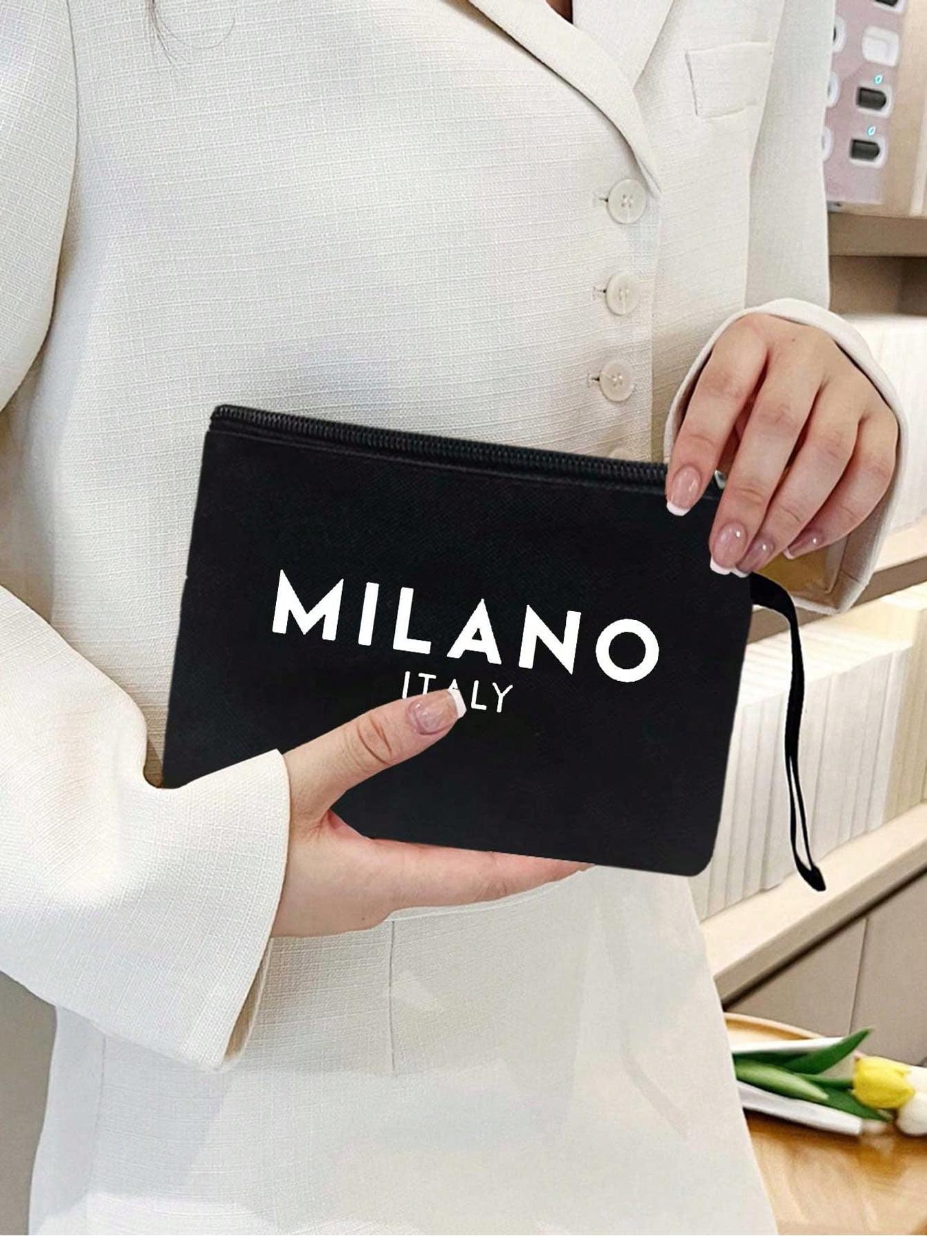 Milano Italy' Tote Bag and Pouch with Black with White Embossed Milano Italy' Tote Bag and Pouch with Black with White Embossed