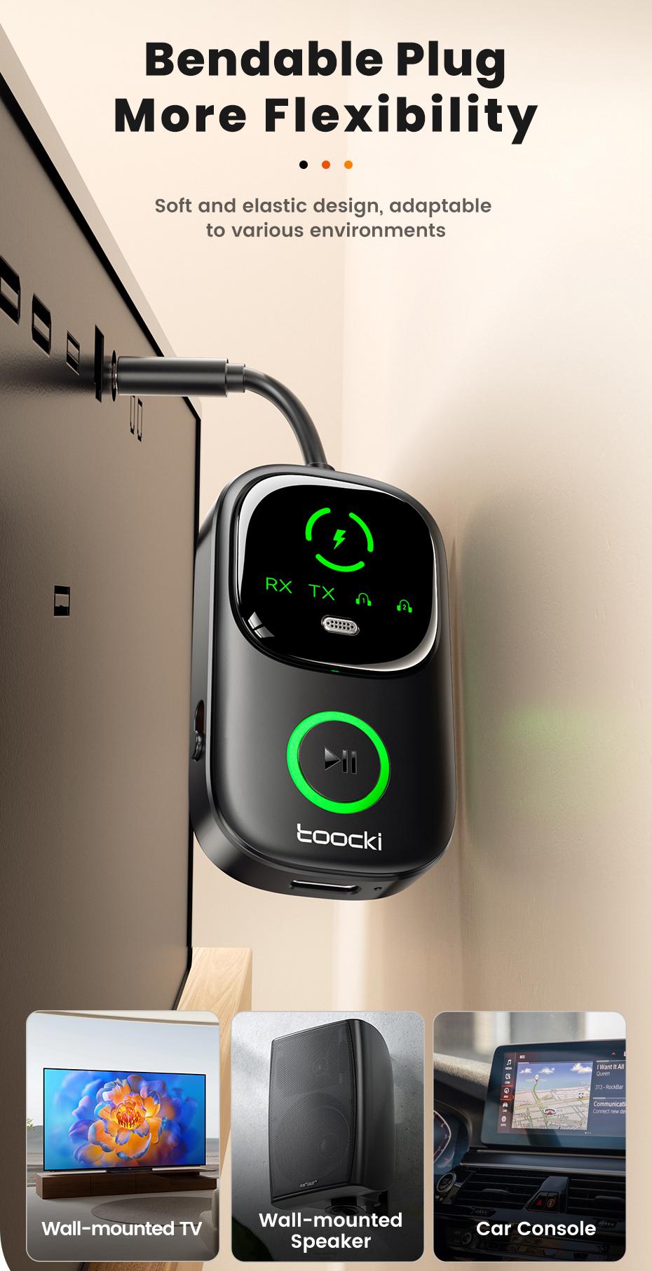 Toocki Bluetooth 5.4 Audio Reciever Transmitter RT/TX 2 In 1 3.5mm AUX Dual Device Adapter for TV Earphones Cars Airplane Car LED Display 3.5mm Jack AUX Bluetooth Dongle