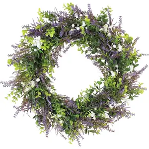 Lavender Wreaths for Front Door Decor, 20" Artificial Babysbreath Boxwood Wreath Decorations for Spring Summer Home Door Window Outside Wall Indoor Outdoor Porch and Birthday Wedding Party