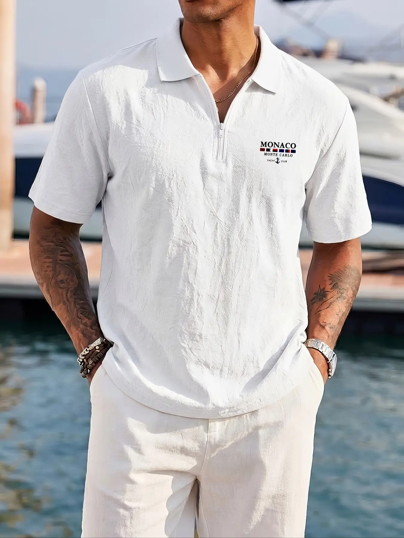Men's European Style Casual Short Sleeve Polo Shirt, Half-Zip Lapel Letter Print, Lightweight Breathable Fabric, Ideal for Vacation and Daily Wear