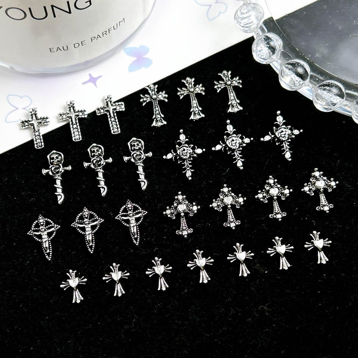 100PCS Punk Style Alloy Cross Nail Charms 3D Heavy Dark Gothic Cross Mixed Nail Art Decorations DIY Cool Nail Designs