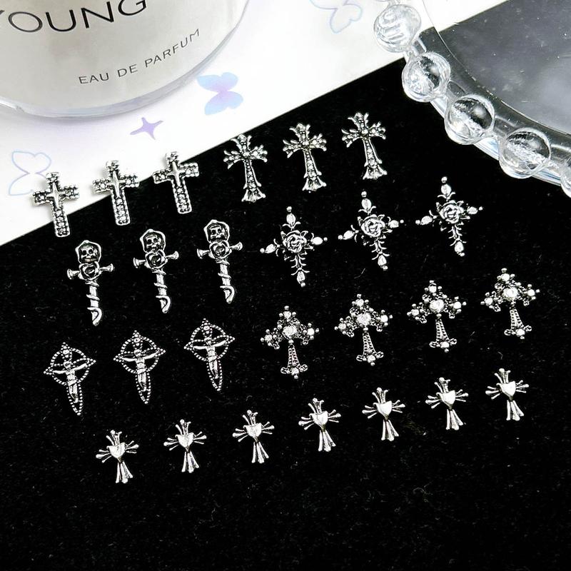 100PCS Punk Style Alloy Cross Nail Charms 3D Heavy Dark Gothic Cross Mixed Nail Art Decorations DIY Cool Nail Designs