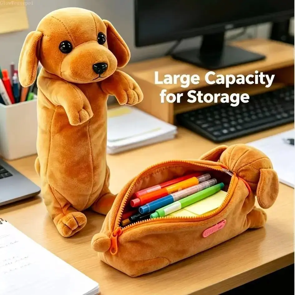 Cute Dachshund Plush Pencil Case - Large Capacity Dog Pen Holder, Aesthetic Organizer for Students, College School Supplies, Desk Accessories, Fun Supplies, Back to School Stuff, Pencil Bag, Stationery Supplies