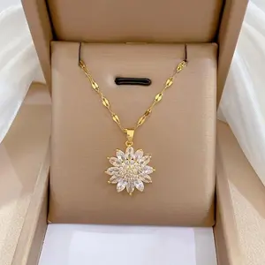 2026 Summer Vibes Sunflower Pattern Zircon Pendant Necklace, Titanium Copper Sweater Bone Chain, Elegant Daily Fashion Jewelry Gift for Women