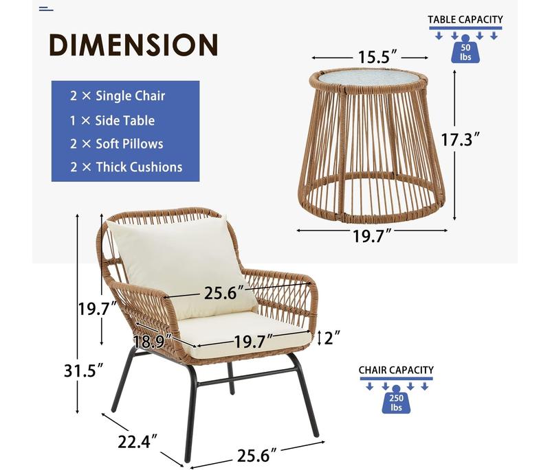 Patio Conversation Bistro Set, Outdoor All-Weather Wicker balcony Furniture with Tempered Glass Top Table Wide Ergonomic Armchairs, Seat Cushions for Porch, Backyard