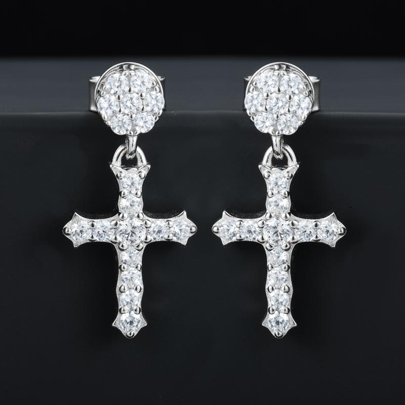 【#E536】Mother's Day gift Iced Out Cross Drop Earring With Flower Stud UCCIYO Synthetic Moissanite Earrings For Women 925 Sterling Silver Stud Earring Men Hip Hop Jewelry Couple Gift