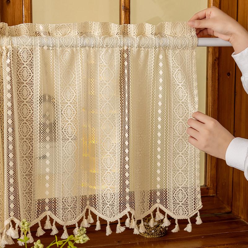 1pc Cotton Linen Curtain Half Light Blocking Vertical Striped Lace Fringe Rod Pocket, New Living Room Bedroom Cream French Vintage Style