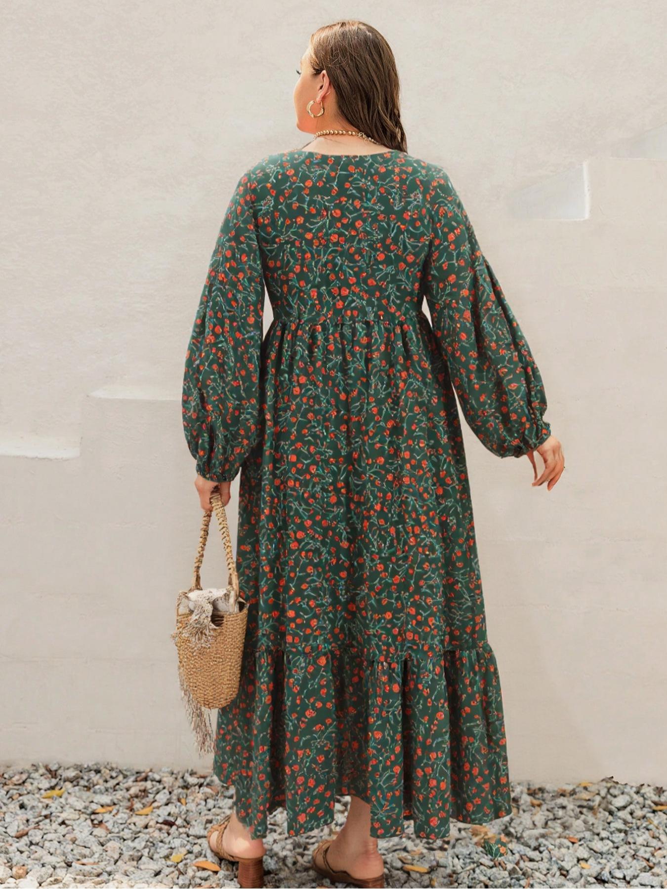 Plus Size Women's Floral Woven Dress, Fall Winter V Neck Tie Back Lace Trim Long Sleeve Maxi Dress, Casual Elegant Fashion Plus Size Women's Floral Woven Dress, Fall Winter V Neck Tie Back Lace Trim Long Sleeve Maxi Dress, Casual Elegant Fashion
