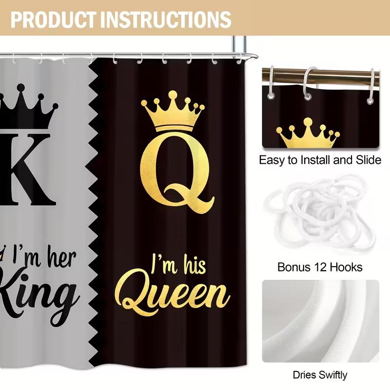 1/4pc King and Queen Pattern Shower Curtain Set, Bathroom Shower Equipment, including shower curtain, toilet seat cover, rectangular mat, and U-shaped mat, perfect for bathroom décor, beautifying the space. Comes with 12 shower curtain hooks.