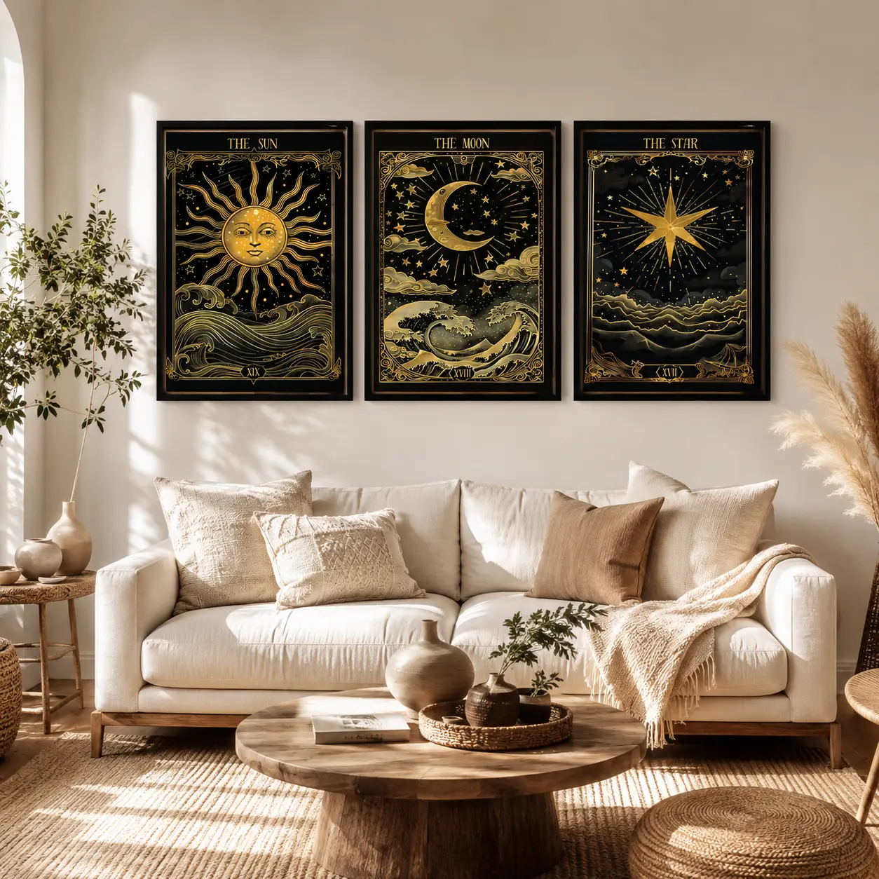 3Pcs/Set Framed Vintage The Sun The Moon The Star Golden Tarot Card Print Wall Art, Witchy Canvas Posters, Graphic Prints, Ready To Hang, Artwork Wall Decor For Gift, Living Room, Bedroom, Home & Dormitory Decoration