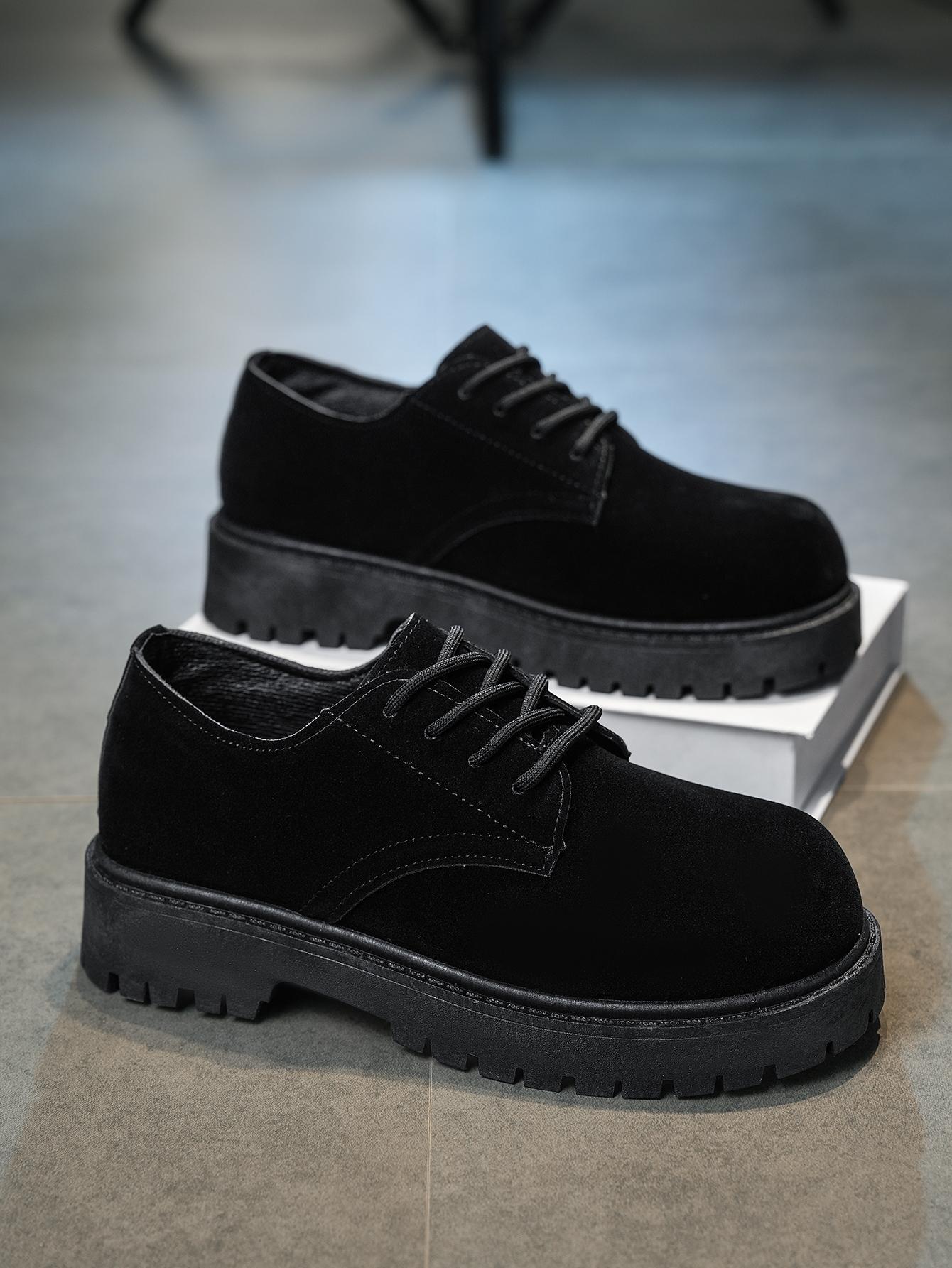 Men's Suede Chunky Platform Shoes, Khaki/Black Casual Lace-up Oxford Shoes, Non-slip Height Increasing Lug Sole Work Shoes for Men