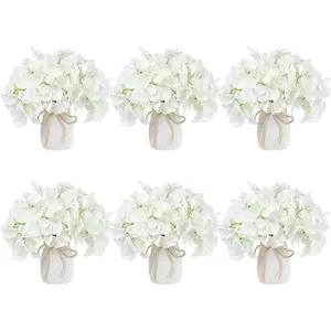 6 Set Artificial Hydrangea Flowers and Vases Set Centerpieces Table Decorations Silk Fake Hydrangea Full Flowers Heads with Stems Bulk for Wedding Home Baby Shower (White)