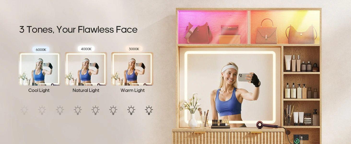 Sikaic Fluted Makeup Vanity with Sync Music LED Lights and Glass Top Mid-Century Modern Wooden Vanity Desk with Mirror, Power Outlet, Glass Cabinet, 4 Shelves and 5 Drawers