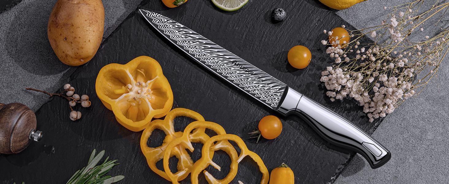 Astercook Knife Set, 14 Pieces Kitchen Knife Block Set with Built in Knife Sharpener Block, Dishwasher Safe, German Stainless Steel, Best Gift, Silver Wood Steak Wooden