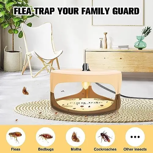 2 Pack Flea & Cockroach Trap with Night Light - 6 Sticky Pads, 4Bulbs (2 LED + 4 Warm Light), Pet-Safe Non-Toxic Indoor Insect Killer for Cats/Dogs, Home Pest Control Supplies