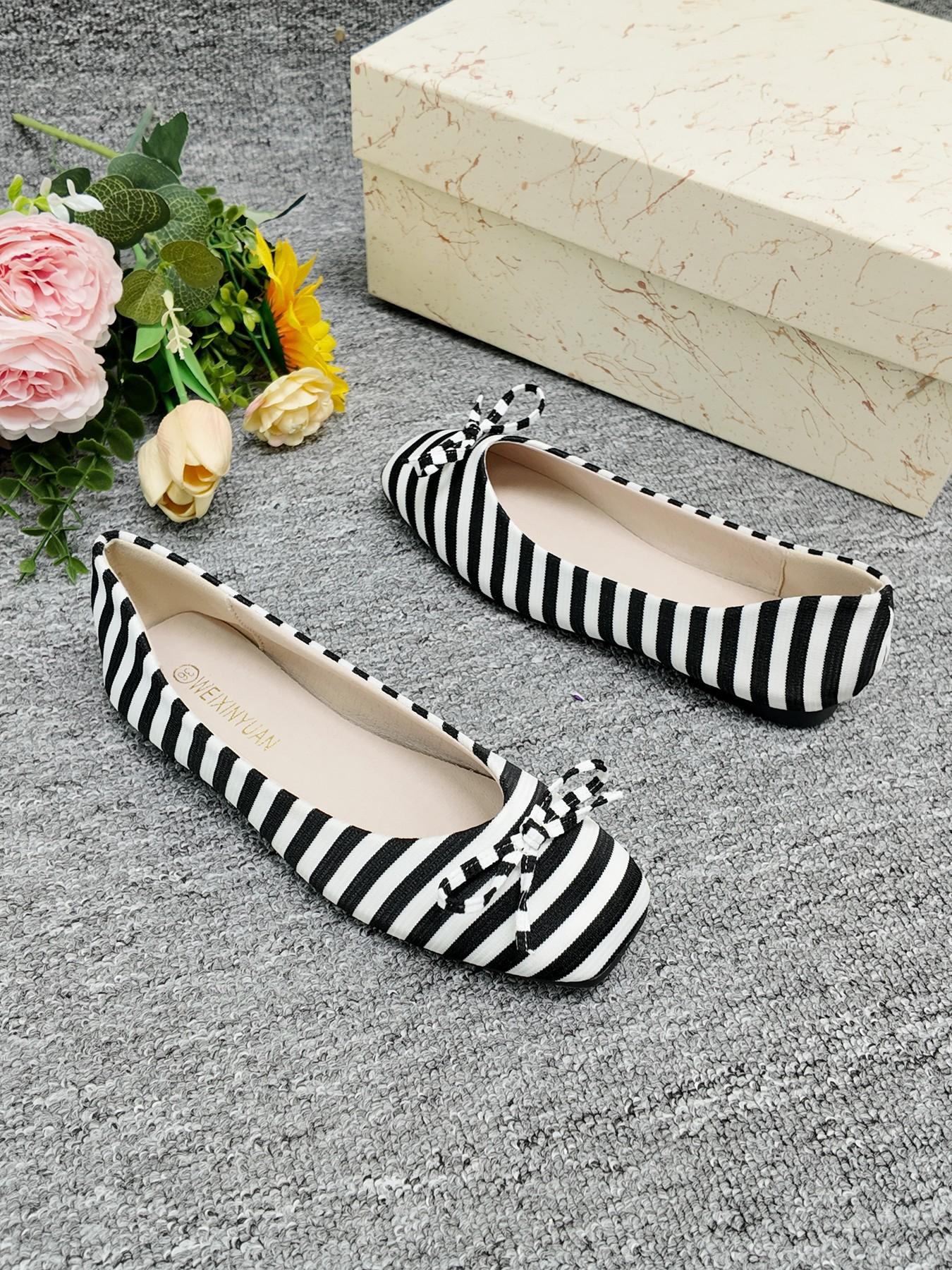 2026 New Striped Square Toe Flat Shoes, French Soft Sole Low Top Bow Single Shoe, Commuter Versatile Slimming Women's Shoes