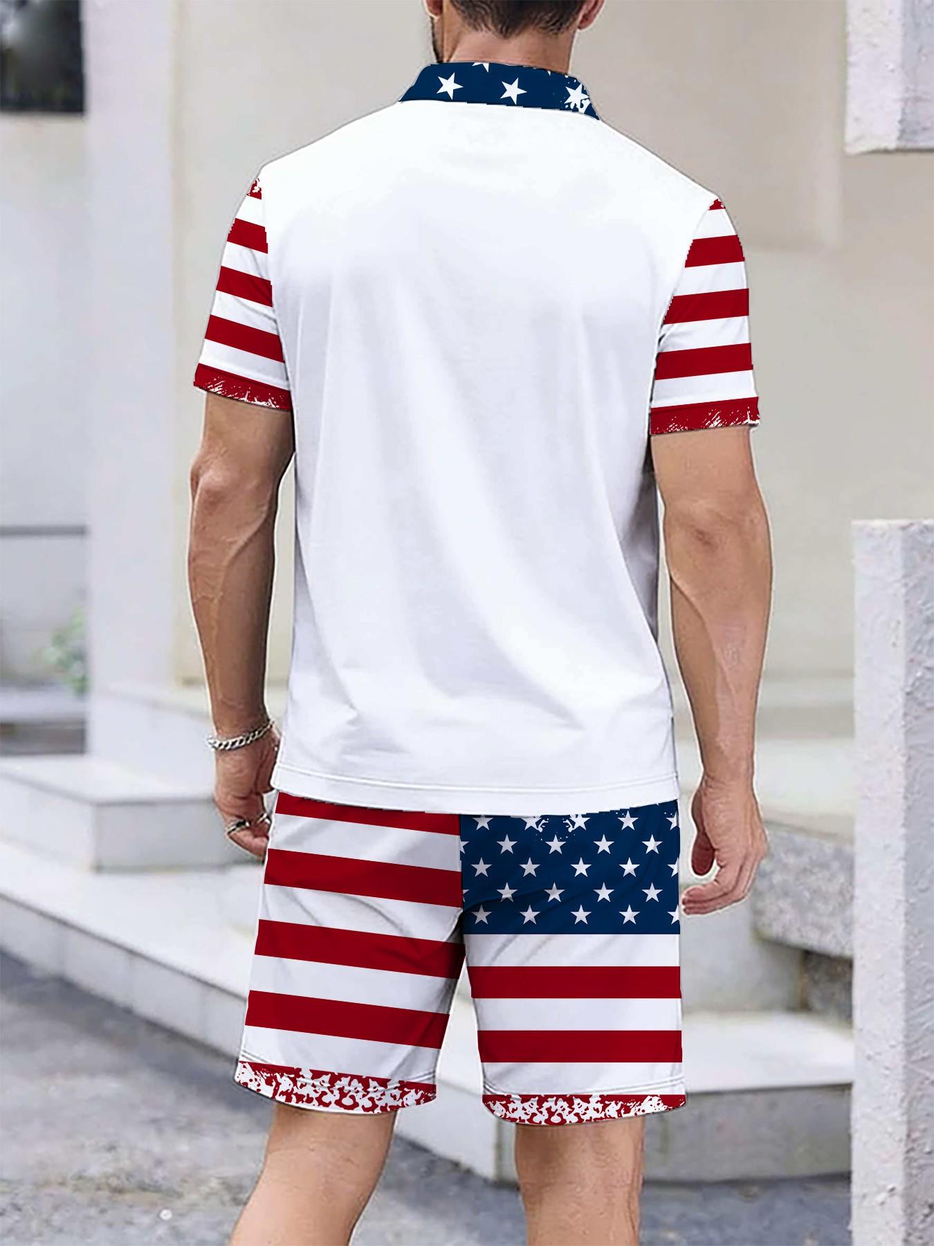 Independence Day Polo Letter Theme Men's Polo Shirt, Star-Spangled Flag Print, Casual Two-Piece Set, Short Sleeve, Loose-Fit Tee and Shorts