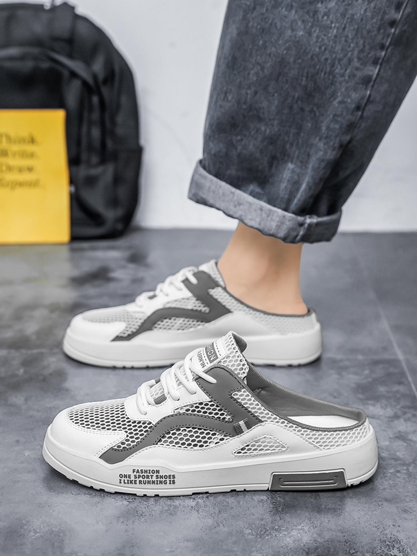 1 Pair Men's Large Size Mesh Mule Sneakers, Breathable Hollow Mesh Fabric, Anti-Slip Wear-Resistant Outsole, Heelless Lazy Shoes, Summer Outdoor Slippers