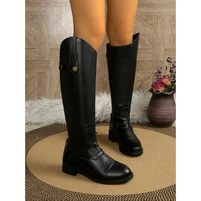 Women's High-Top Equestrian Round Toe Boots PU Leather & Rubber Sole Casual Style Ankle to Knee Height Fall Winter Fashion